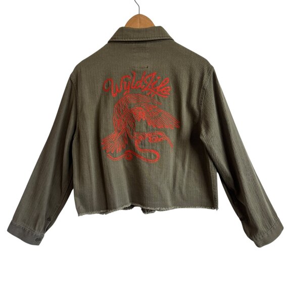 ATWYLD Embroidered Wyld Life Army Green Button Jacket Women's Medium Moto Baddie - Picture 1 of 14